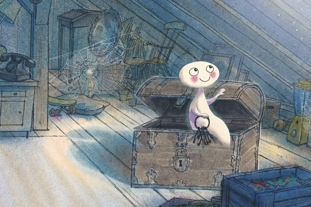Illustration aus dem Kinderbuch: Das Gespenst schaut aus einer Kiste
